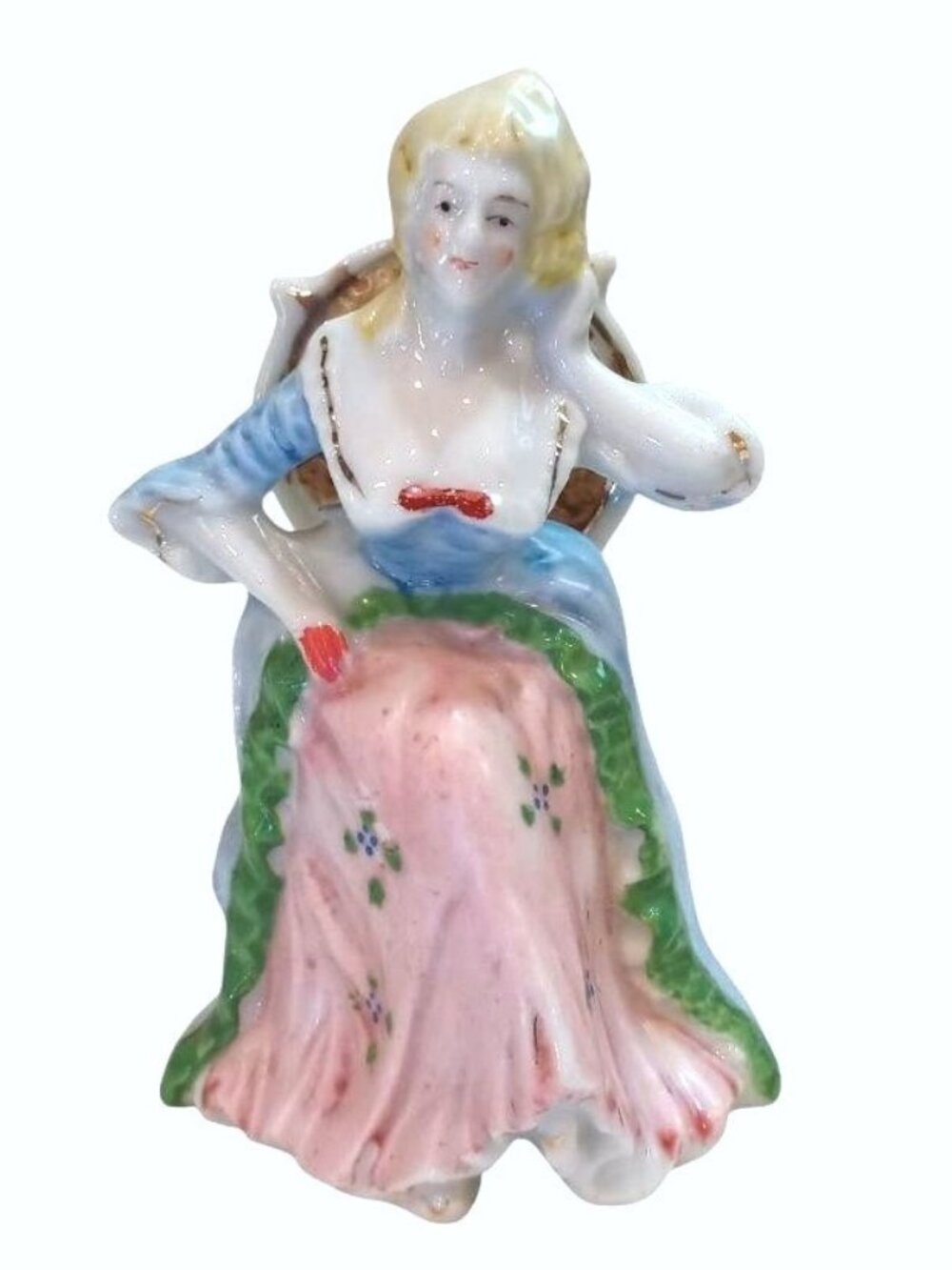 Vintage Occupied Japan Victorian Woman In Chair Hearing Porcelain Figurine 1945